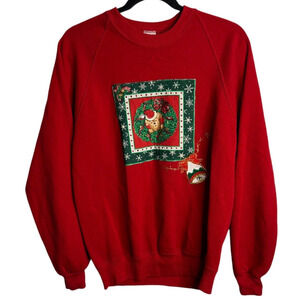 VTG 90s Jerzees L Red Ugly Christmas Sweater Sweatshirt Grandma Dog Wreath Snow
